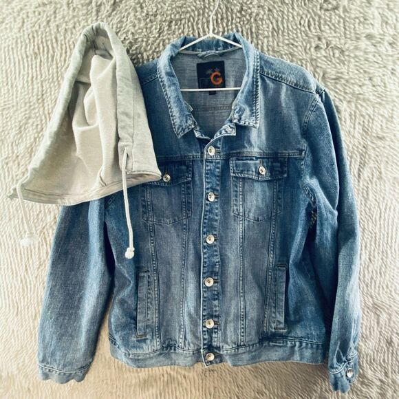 G by Guess Men's Denim Trucker Jacket - Layered Jersey Hood - Flap Pockets - XXL - Picture 3 of 16